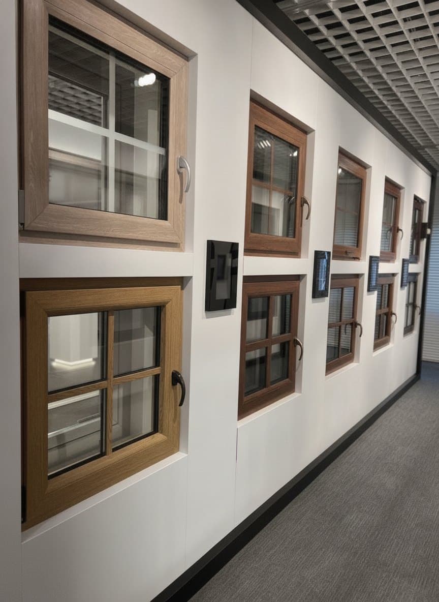 Showroom-Wand mit Fenstermustern in verschiedenen Holzdekoren