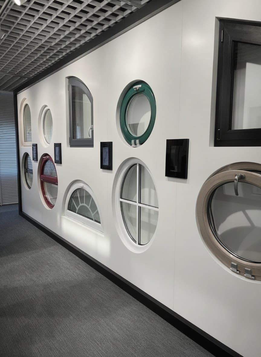 Showroom-Wand mit runden und bogenförmigen Fenstermustern