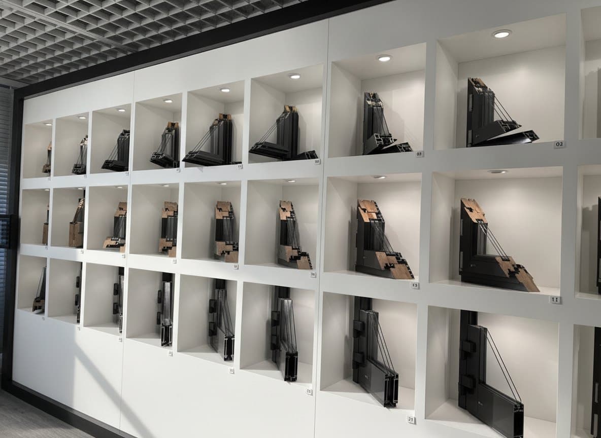 Ausstellungswand mit Querschnittsmodellen von Fenster- und Türprofilen