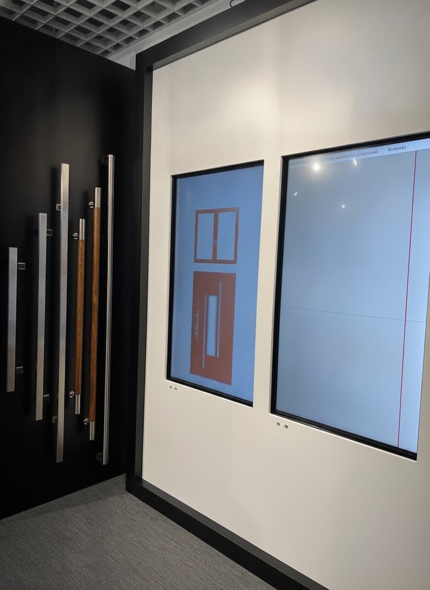 Wand mit Tür- und Fenstergriffen neben Konfigurator-Terminals