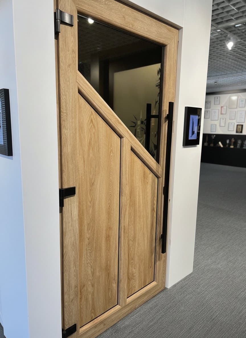 Ausstellungsstück Haustür vor einer Wand mit Urkunden