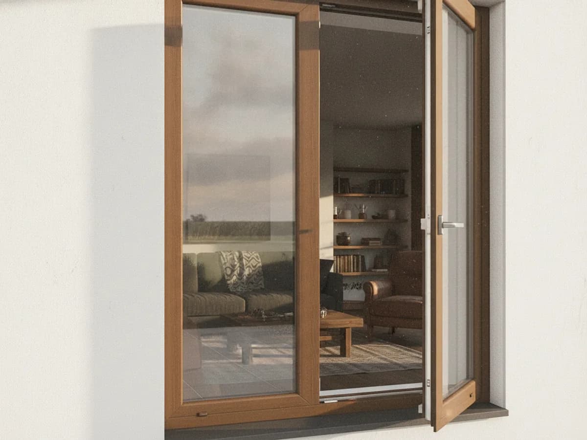 Holzfenster aus Kiefer, halb geöffnet, Blick ins Wohnzimmer