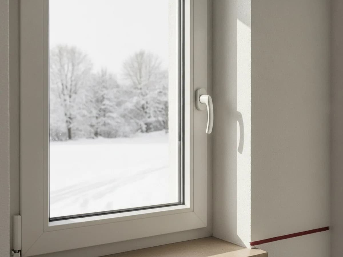 Kunststofffenster-Profil mit Griff, Blick auf Winterlandschaft