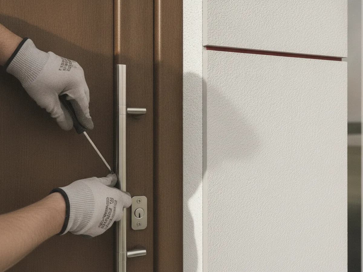 Hände justieren einen Türbeschlag mit Schraubendreher