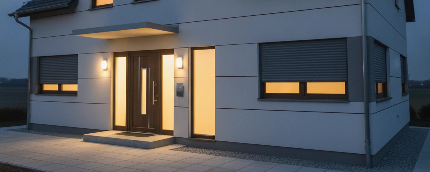 Hausfassade am Abend mit halb heruntergelassenen Rollläden