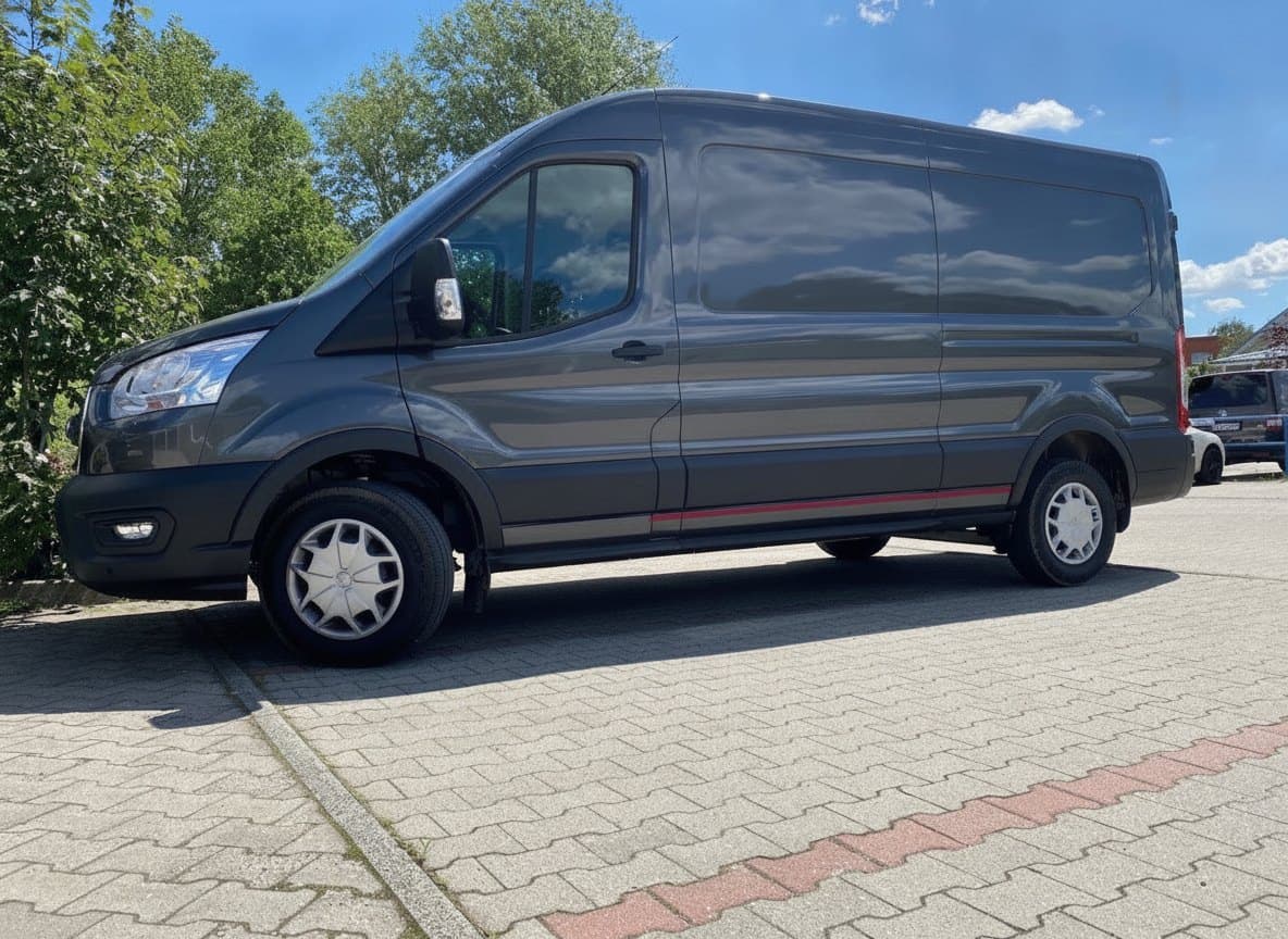 Grauer Transporter auf einem Pflasterplatz