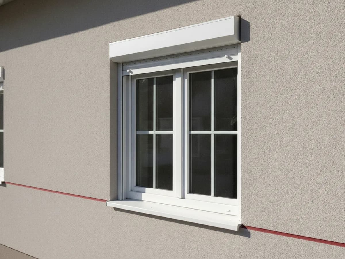 Sanierte Hausfassade mit neuen Fenstern und Rollläden
