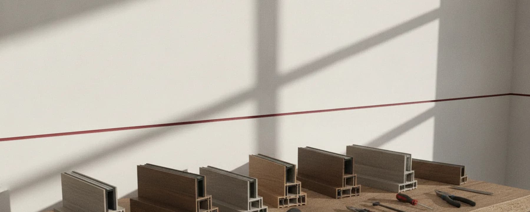Werkstatttisch mit Fensterprofilen, Zollstock und Werkzeug