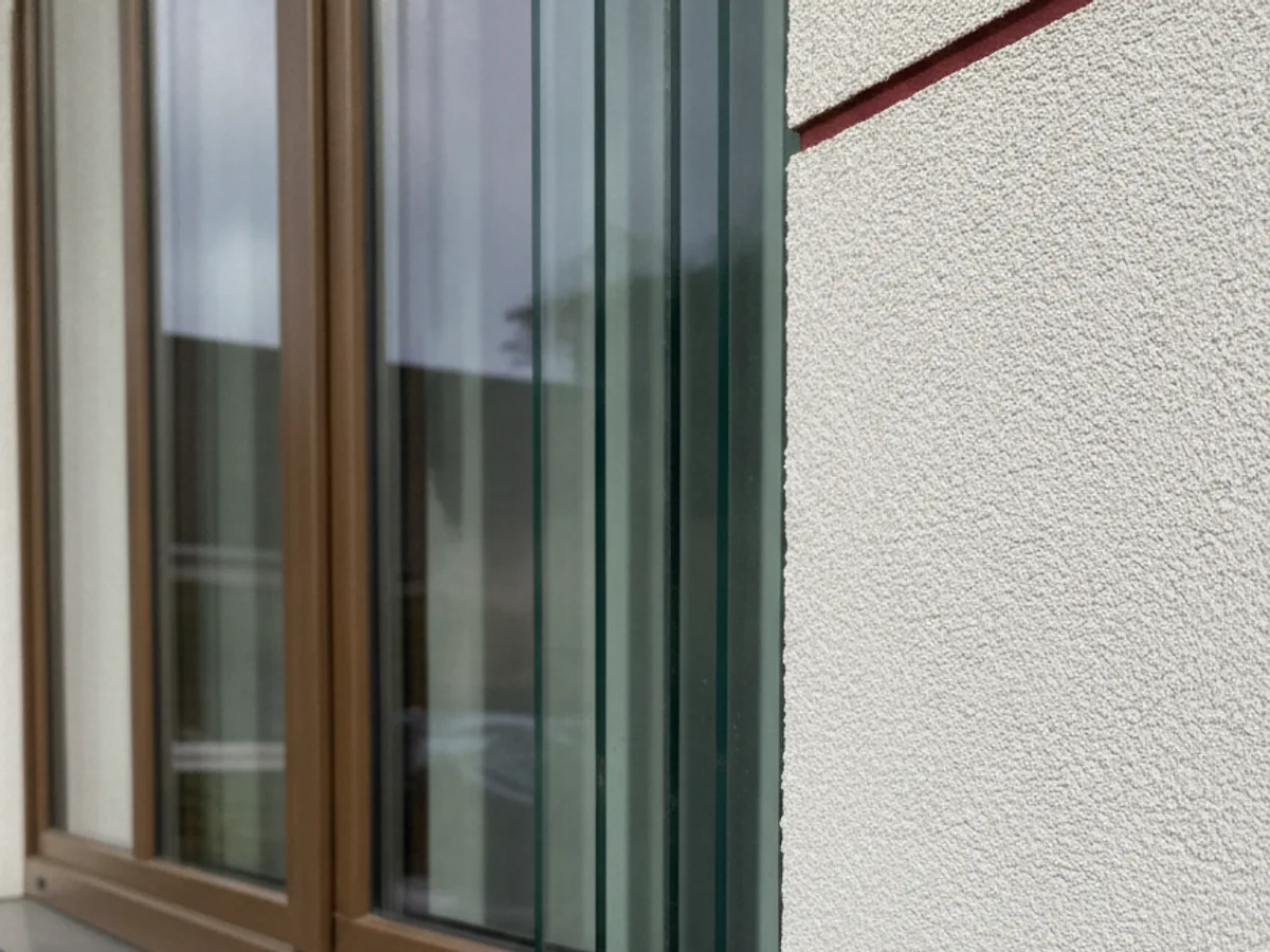 Querschnitt einer Dreifachverglasung mit Lichtreflexion