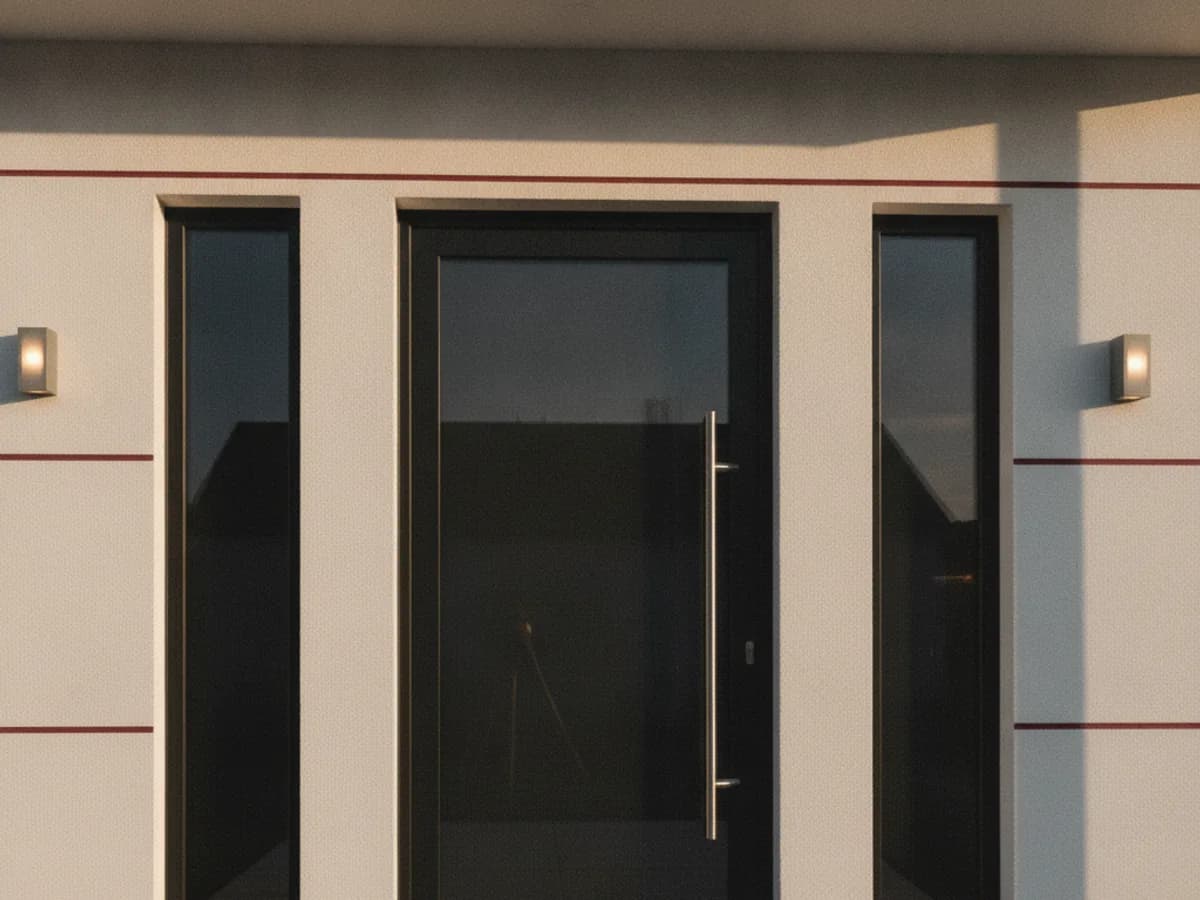 Moderne Hauseingangstür in dunklem Glas-Look an einem Neubau
