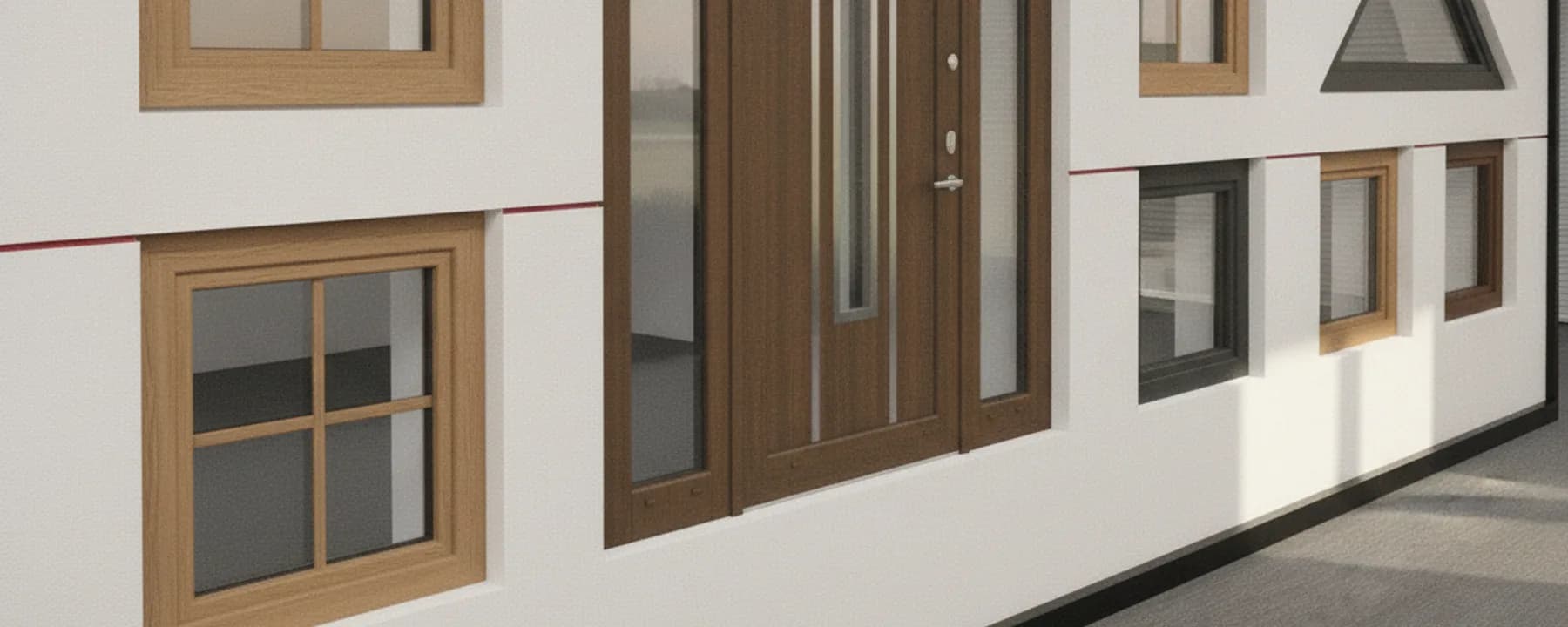 Showroom mit Fenster- und Türmustern an der Wand